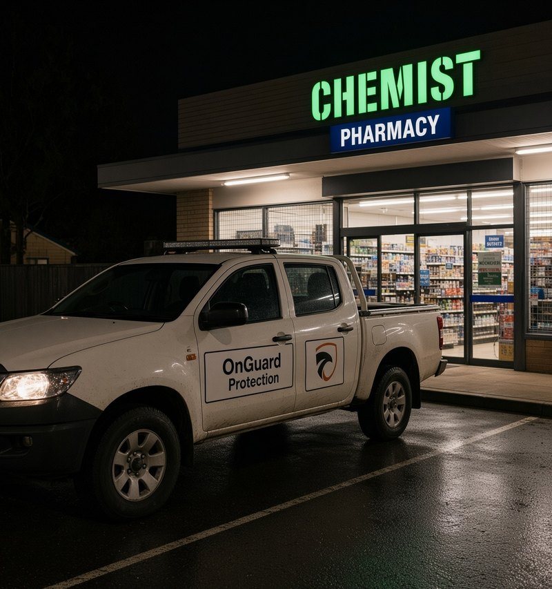 OnGuard Protection marked patrol ute on a night mobile patrol outside a NSW chemist