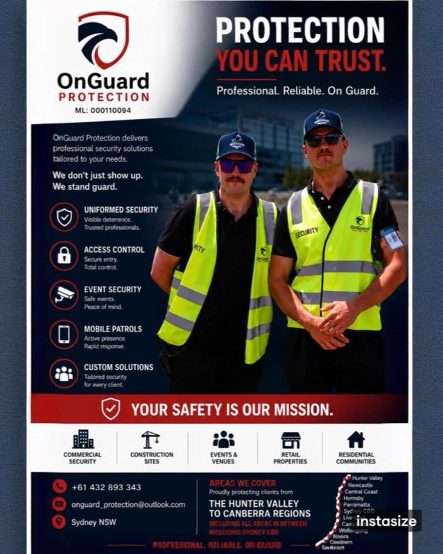 OnGuard Protection services poster listing uniformed security, access control, events, patrols and NSW to ACT coverage